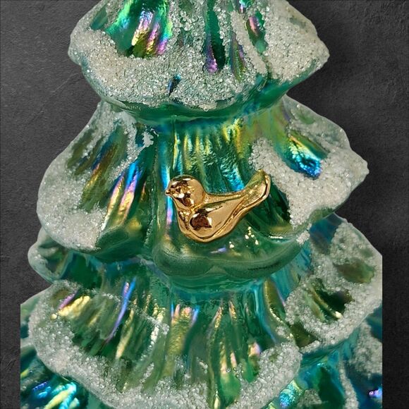 Fenton Style Iridescent Glass Christmas Tree w/ Gold Bird & Snow Flocking 6.5" - Picture 5 of 8